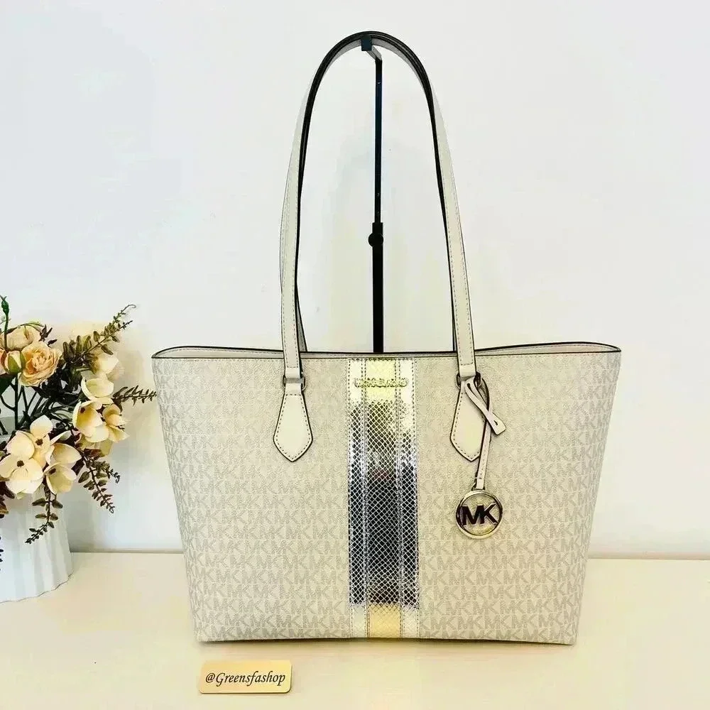 Michael Kors Purse & Wallet Sheila Large Signature & Metallic Tote Bag Pale Gold